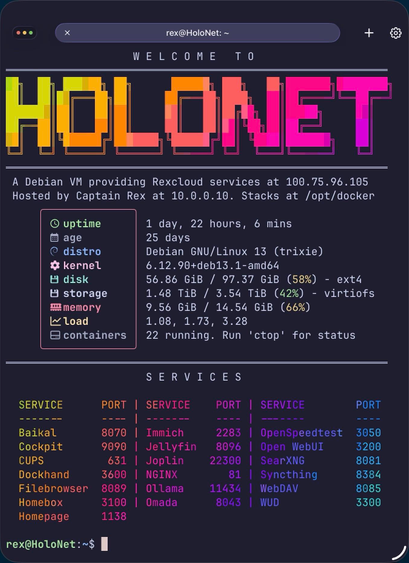 Screen shot of a terminal window showing my message of the day for my homelab server. The motd lists the running services and some Fasatfetch data