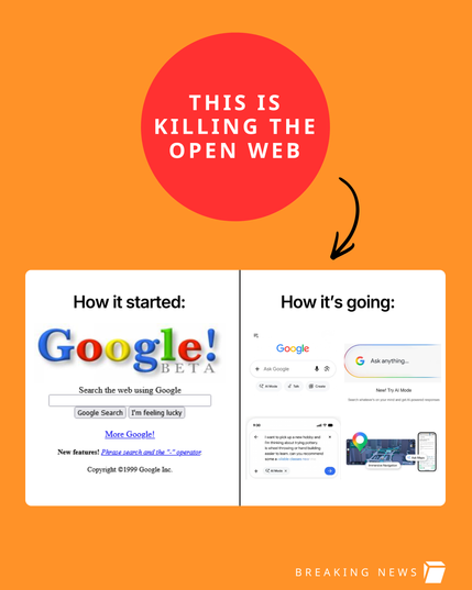 Image of old Google with the title "How it started" and an image of the new Google with AI titled, "How it's going" and a text with an arrow pointing at Google's new AI search saying, "This is killing the open web"