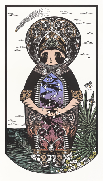 a large woodblock and paper-collaged print of a spiritual figure