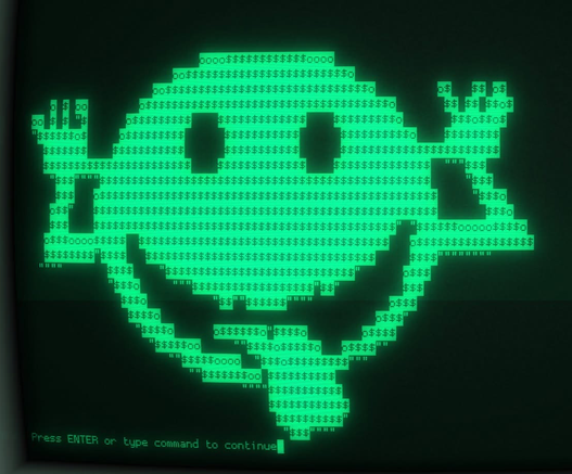 This screenshot shows green ASCII art of the Vim ester eggs on a dark retro terminal screen, with the "Press ENTER or type command to continue" prompt displayed at the bottom when you type nano at the cli via bash alias: alias nano='vim -c "smile"'