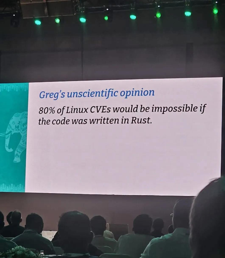A stage screen showing a presntation slide titled Greg's unscientific opinion. The text claims 80% of Linux CVEs would be impossible if the code was writen in Rust 