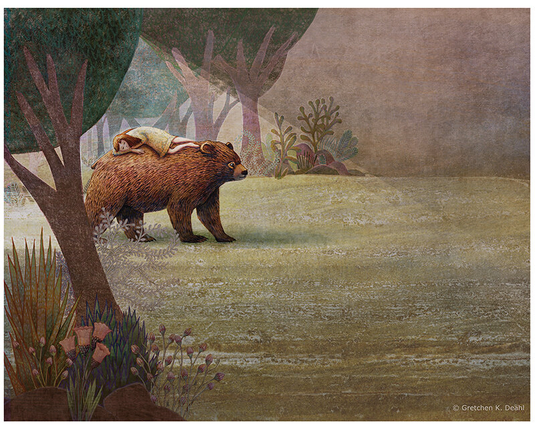 Early in the morning, at the edge of a forest of brown and purple, greens and gold, a smiling bear pads quietly across the grass. Caught in a sunbeam, a young girl in a flowered yellow dress is sleeping upon his back, her arms folded under her head. Plants, like ferns and budding flowers, line each side of the glade. (FULL image)