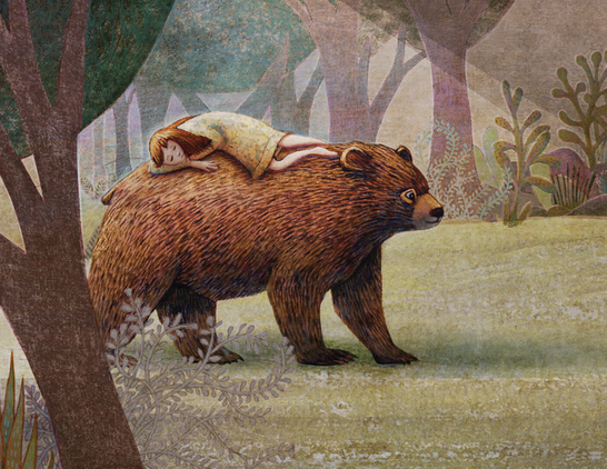 Early in the morning, at the edge of a forest of brown and purple, greens and gold, a smiling bear pads quietly across the grass. Caught in a sunbeam, a young girl in a flowered yellow dress is sleeping upon his back, her arms folded under her head. Plants, like ferns and budding flowers, line each side of the glade. (partial image)