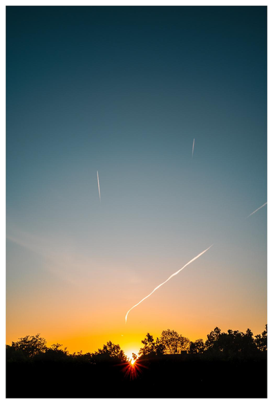 Eine Reihe dunkle Bäume. Die Sonne scheint noch ganz knapp darüber. Und über den Bäumen der Himmelsgradient orange zu blau.
