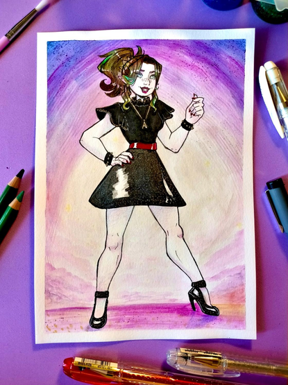 Traditional artwork depicting a female genie with glossy greenish hair wearing a black outfit with high heels. There is A LOT of glitter in this picture.