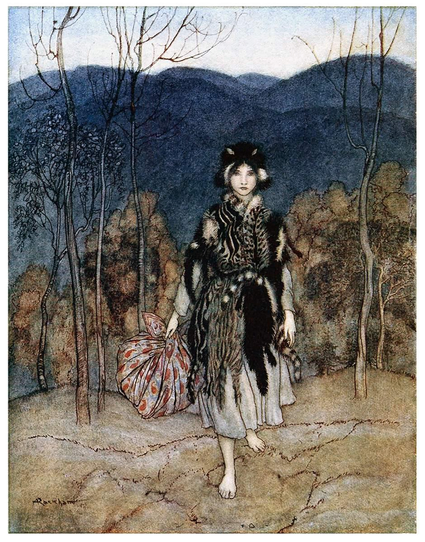 A girl in a fur cap and a rough catskin coat stands in a rolling landscape of woodland and hills, holding a cloth-wrapped bundle of her belongings.