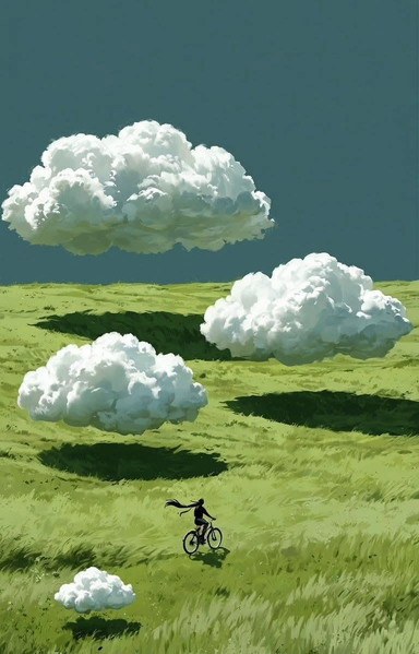 la silhouette d'une cycliste pédalant à travers la prairie entre les cumulus à ras du sol