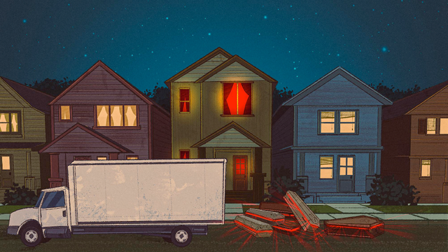Illustration of a moving truck in front of a row of surburban houses at night. There's a pile of glowing coffins on the ground.
