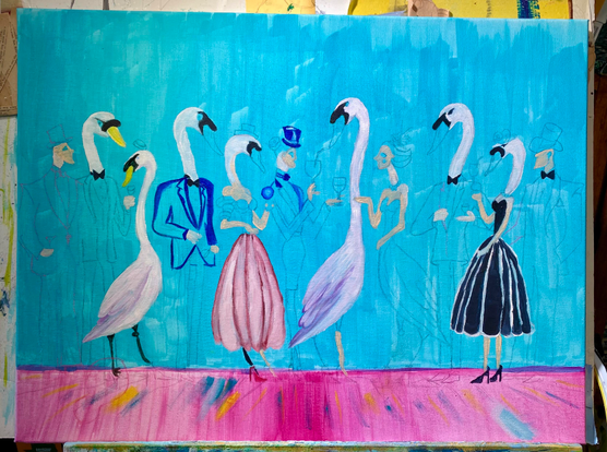 Oil painting in progress of what appear to be swans becoming humans, or humans becoming swans…in formal attire at a cocktail party. As befits a swan. 