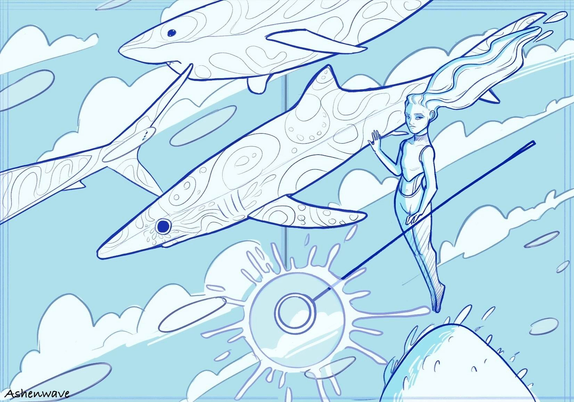 Digital sketch of a woman floating In the sky surrounded by sharks of different species. She is touching a Blue Shark with one hand and holding a magical staff bursting with energy.