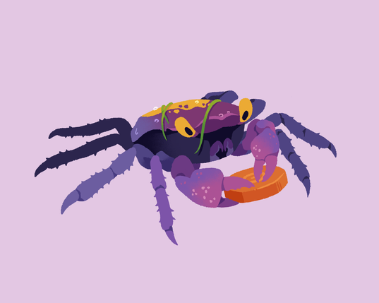 A painting of a purple and yellow-backed vampire crab, holding a slice of carrot in one claw and inspecting it with the other. It has a couple strands of dwarf hairgrass draped across its droplet-covered back.