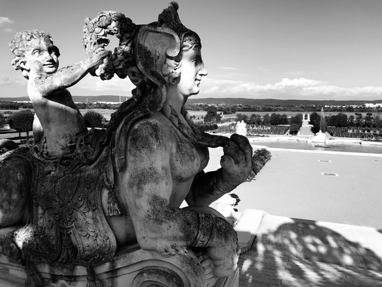 This black-and-white photograph shows a sphinx carved from white stone, with a boy sitting on its back to place a wreath of flowers on its head. The sphinx has the body of a lion and the head of a beautiful woman. In the background, you can see the Baroque garden of Schloss Hof. It is daytime, and the sun is shining bright.
