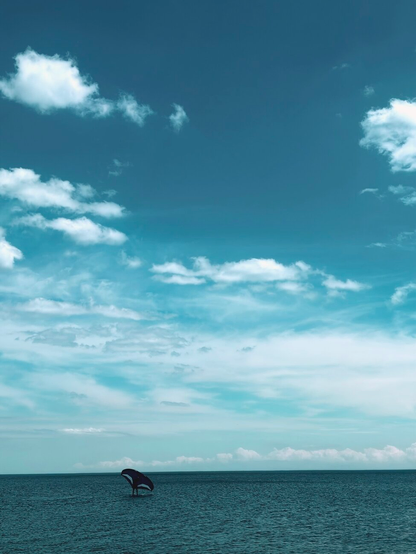 Photograph of a turquoise sky with white clouds over the blue sea. In the bottom left, someone on his board is holding a sail in his hands, to do wing foiling. The turquoise hue was added as a filter, to make the landscape more dreamlike.

Photographie d'un ciel turquoise avec des nuages blancs au-dessus de la mer bleue. Dans le bas à gauche, quelqu'un sur sa planche tient une voile dans ses mains, pour faire du wing foil. La teinte turquoise a été ajoutée comme un filtre, pour rendre le paysage davantage onirique.