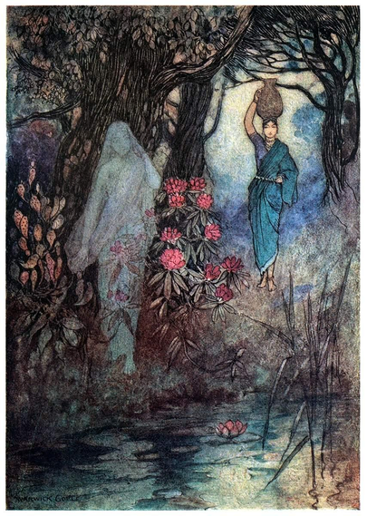 A woman bearing a water jar on her head makes her way toward a pond in the foreground, unaware of the spectral figure standing on the bank, obscured by the trees and undergrowth.