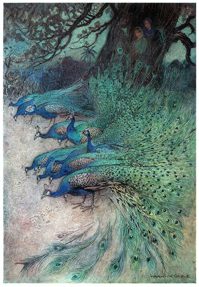A flock of peacocks, arranged in a semicircle, pecks at the ground as two women watch them from within the hollowed trunk of a large tree.