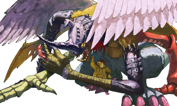 A creepy and foreboding Kimeramon leaning down protecting its tamer, its red-nailed devimon arm covering them. The tamer, a chubby sea otter, extends its hand up towards it, worried for their life, but more importantly, worried for their newfound partner.