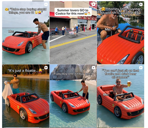 A collection of Instagram reels that hawk a red inflatable “car” that you can ride on the water. The videos are all AI-looking crap.