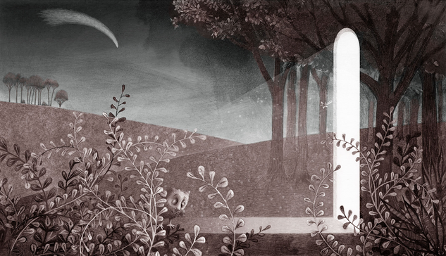 Using a limited palette of gray/blues and muted red/brown, a pencil drawing of a tiny owl, standing at the edge of a forest. Before it, a glowing door. In the distance, rolling hills, a stand of trees and a passing comet. (FULL image)