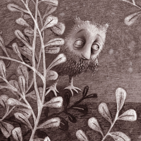 Using a limited palette of gray/blues and muted red/brown, a pencil drawing of a tiny owl, standing at the edge of a forest. Before it, a glowing door. In the distance, rolling hills, a stand of trees and a passing comet. (partial image)