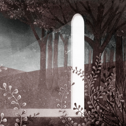 Using a limited palette of gray/blues and muted red/brown, a pencil drawing of a tiny owl, standing at the edge of a forest. Before it, a glowing door. In the distance, rolling hills, a stand of trees and a passing comet. (partial image)