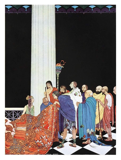 A party of visitors entering a palace is presented by the hostess with a tapestry she has been weaving.
