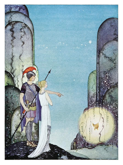 Jason, clad in hoplite armor, points toward the Golden Fleece glowing in the distance, while Medea stands at his side at the entrance to a defile.