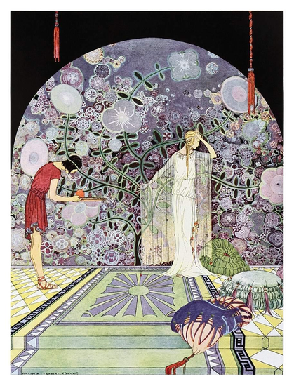 A woman stands before a large tapestry bearing a lavish floral pattern, gesturing to refuse a pomegranate offered on a tray by a bowing servant.