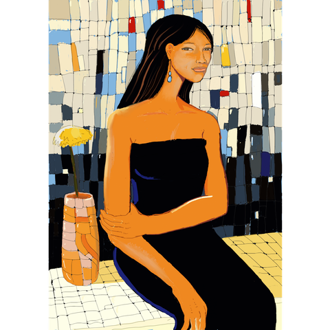 Digital drawing of a woman sitting on a stone bench in front of a wall with mosaic tiles in chaotic patterns.