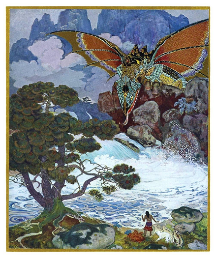 A multicolored dragon hovers above a woman and her dogs, who stand on the bank of a churning mountain stream beside a dense pine tree.