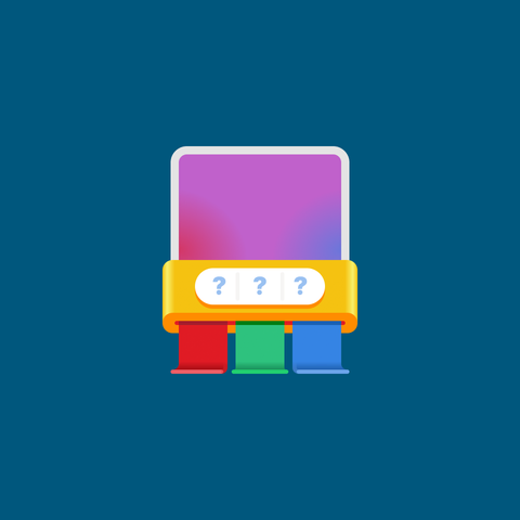The new icon for Hex Colordle in GNOME style on a vibrant blue background. A purple sheet passes through a wide golden device with three "???" on it. On the other end separate red/green/blue components come out.