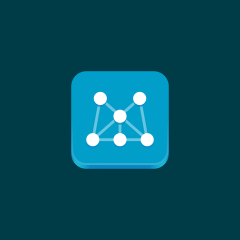 An "M" made out of 6 white nodes interconnected by lines sitting on a mint blue rounded square slab on a teal background.