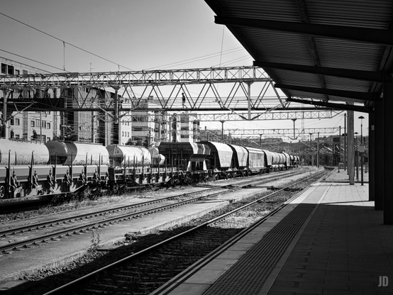 La imagen muestra una estación de tren vacía en blanco y negro. A la izquierda, hay varios vagones de carga alineados sobre las vías, mientras que a la derecha se ve el andén cubierto parcialmente por una marquesina metálica. Al fondo, se distinguen edificios urbanos y varias estructuras de catenarias y pasarelas que cruzan sobre las vías. La escena transmite calma y una sensación de quietud industrial.