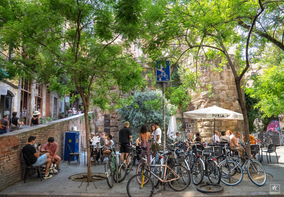 Color photo of a small plaza with many parked bicycles and people standing and sitting at tables. Above are trees with bright green leaves shading the plaza below. On the back side of the plaza is a tall Roman stone wall that includes the lower part of a round tower.
