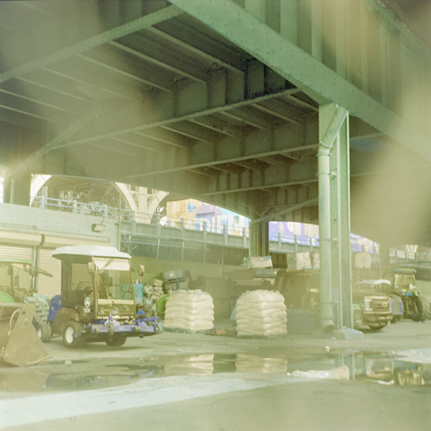 Lot beneath a viaduct, showing a puddle reflecting the sandbags and some work vehicles. Behind the viaduct is a colorful mural saying Harlem.