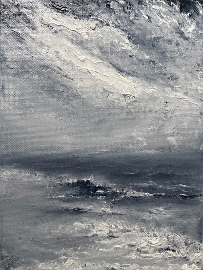 Original seascape oil painting by Tisha Mark, "Breathless" 8"x6" oil on linen (2026). This loosely painted seascape painting is monochromatic (black & white) and vertically oriented. There is much texture throughout the painting, and moody cloud formations in the sky.