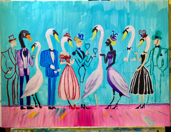 A medium size canvas with an unfinished oil paint of a cluster of swans or people or swan people having a cocktail party, or perhaps drinking forbidden potions. Who can know what swans are up to? 
