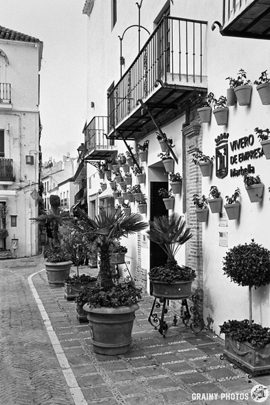 A charming narrow street features whitewashed buildings adorned with potted plants. Balconies overlook the scene, while intricate brickwork lines the cobblestone path, creating a quaint and inviting atmosphere full of greenery.