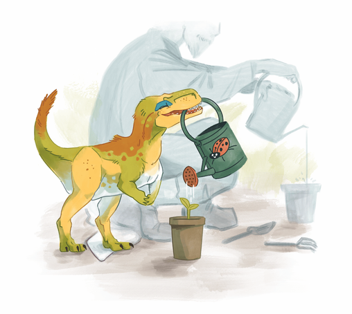 An illustration from the game Clever Girls. A young dinosaur, Daisy, is helping a man in a lab coat who is doing some gardening. Daisy cheerfully waters a seedling with a watering can.