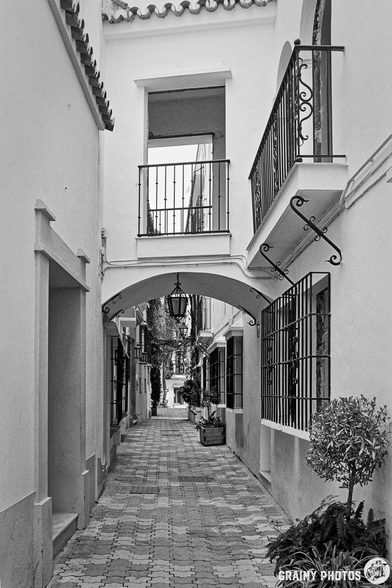 Narrow cobblestone alleyway in Marbella Old Town, lined with white buildings, featuring wrought iron balconies and a decorative lantern. Green plants add a touch of nature to the serene black and white scene.