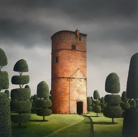 A cut grass path leads to a slender brick tower stands within a topiary garden.