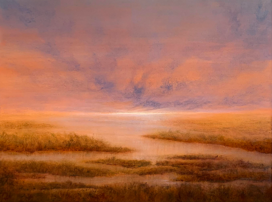 Original oil painting by Tisha Mark, "Autumn's Arrival" 30"x40" oil on canvas (2023), Marshlands Series. A peaceful coastal marsh underneath an orange-toned sunrise sky with wispy lavender cloud formations.