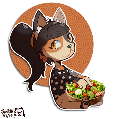 A drawing of an anthro cat person sitting on the ground with a bowl of salad in their lap. They're sticking both of their fuzzy little paws into the bowl, and are giving the camera a bit of a side eye and a smile. The have long black hair that's pulled back into a ponytail, and are wearing a black polka-dot blouse and some slacks