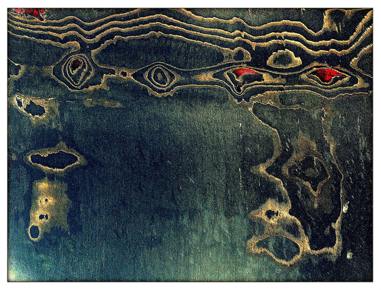 A colour photograph showing a section of a trawler's laminated rubber mat which is very worn, revealing layers like contour lines against the black backdrop. Small points of red, from the trawler's paintwork intermittently emerge from holes in the mat.