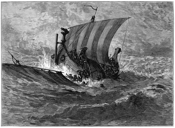 Following a clash between two Viking longships, one vessel founders in the churning water while the other remains afloat.