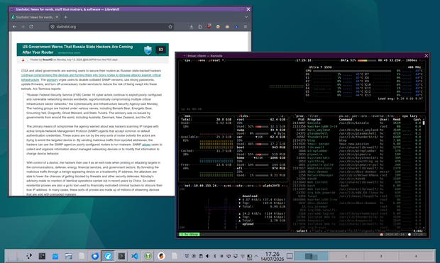 Screenshot of Debian running the latest KDE Plasma, skinned with the CDE Plasma Theme. LibreWolf (Firefox fork) and a terminal window running btop in a tmux session visible. Also, a bottom bar with various application icons, time, date and virtual desktop.