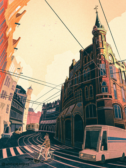 Illustration of Raadhuisstraat in Amsterdam. There's a pointed tower building on the right that then stretches down the street and dutch row houses on the left kind of leaning into the scene. The art is pretty stylized and kinda retro feeling. There's a bike and moving van crossing the street and a tram in the distance.