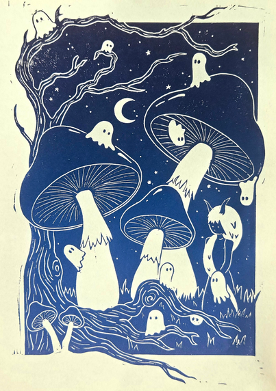 Print which shows a forest at night with mushrooms and ghosts.