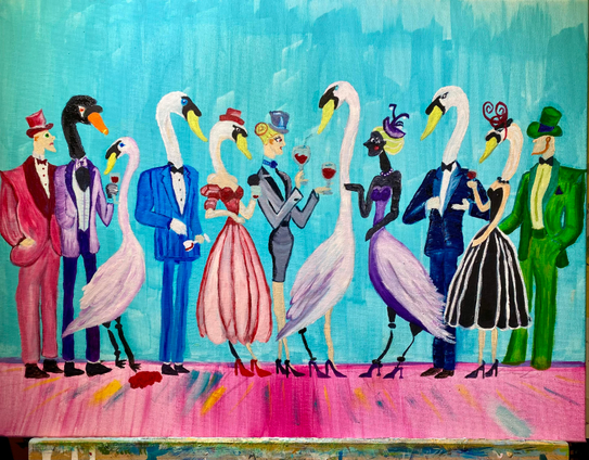 A midsize unfinished canvas sits on an easel. The painting is of 9 swan like figures and three mostly human figures standing in a cocktail party configuration. There is some question as to whether the swans are becoming human, or if humans are becoming swans…and just what is in that cocktail? 

Yeah, I don’t know what it means either. That’s what art critics are for. 