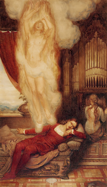 A classical painting depicting a young man in red Renaissance-style attire sleeping on a luxurious daybed. A luminous, ethereal figure rises from his body toward swirling clouds. In the background to the right, a woman sits facing away, playing a large pipe organ near a draped red curtain on the left.