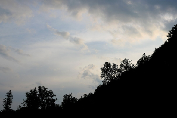 Photograph of some black silhouettes of trees on a sloping mountainside horizon, in front of a blue sky with white and gray clouds reflecting the light of the setting sun.

Photographie de quelques silhouettes noires d'arbres sur un horizon en pente à flanc de montagne, devant un ciel bleu avec des nuages blancs et gris reflétant la lumière du soleil couchant.